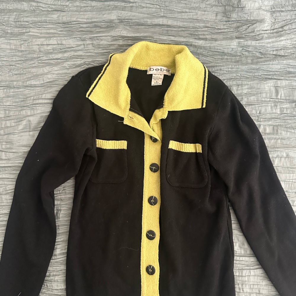 bebe Black Jacket with Yellow Trim Knit Button-Front